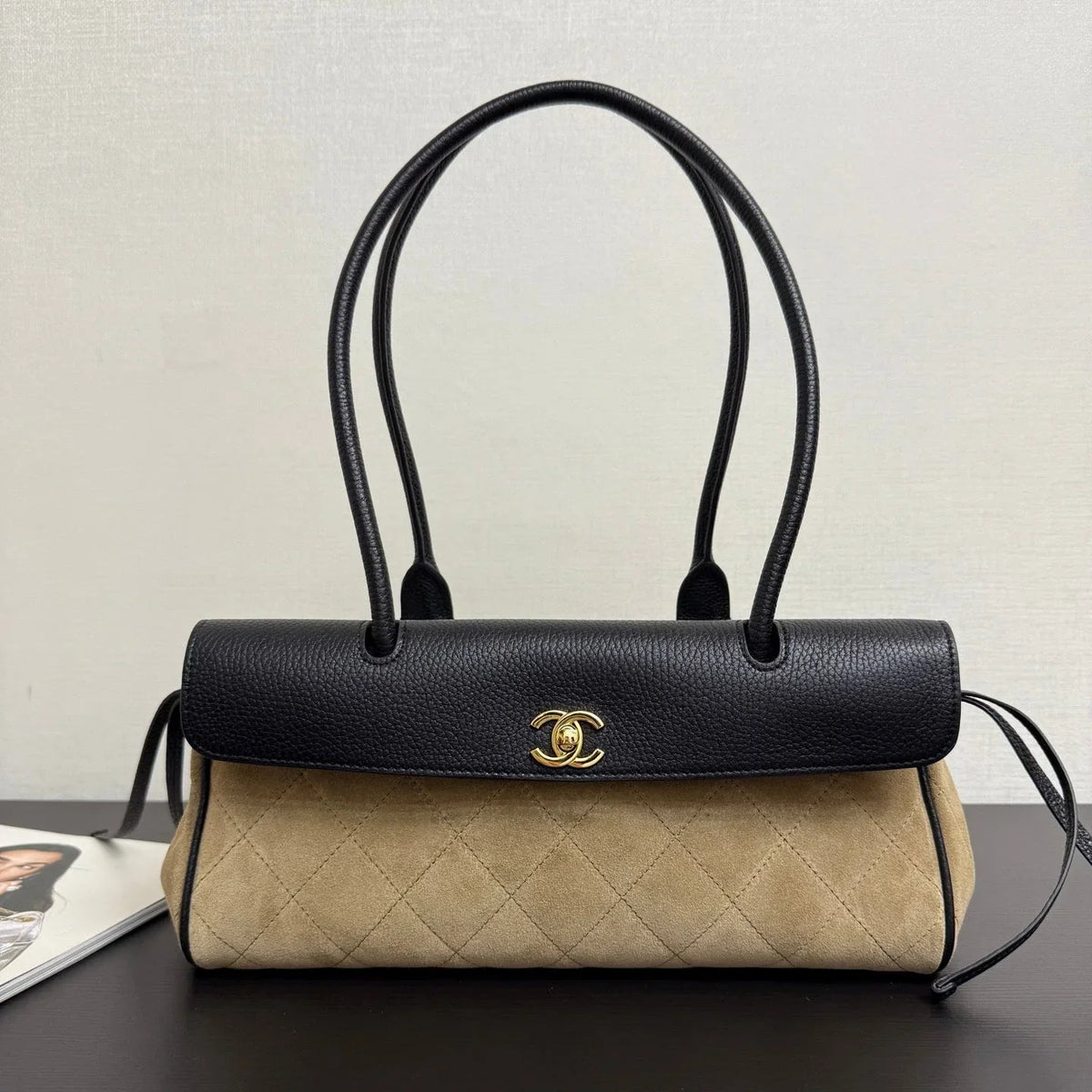 Chanel 2026 Urban Essential East West Bag 31cm Black Beige Suede Leather