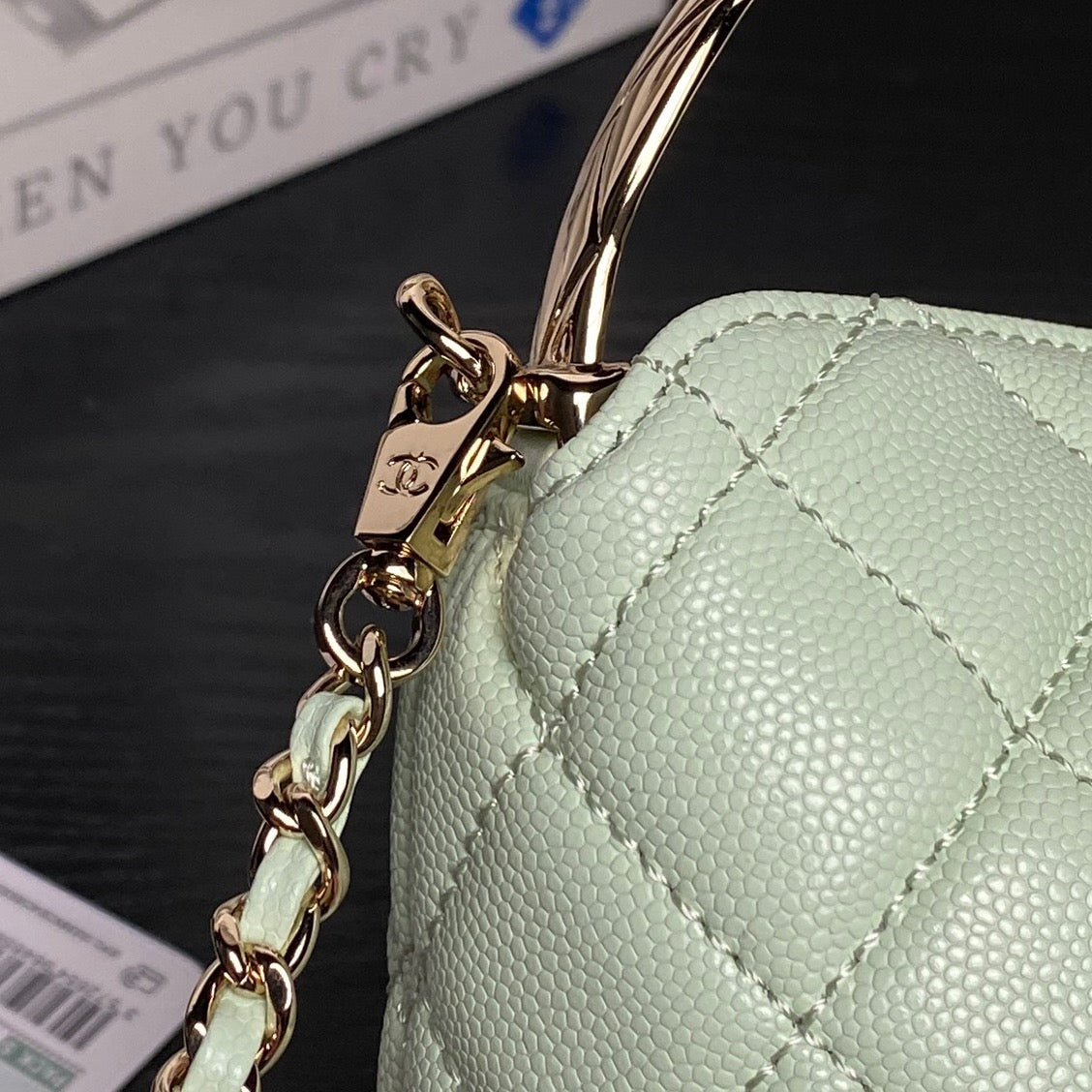 CC Coco Crush Handle Lunch Bag Light Green Caviar Leather