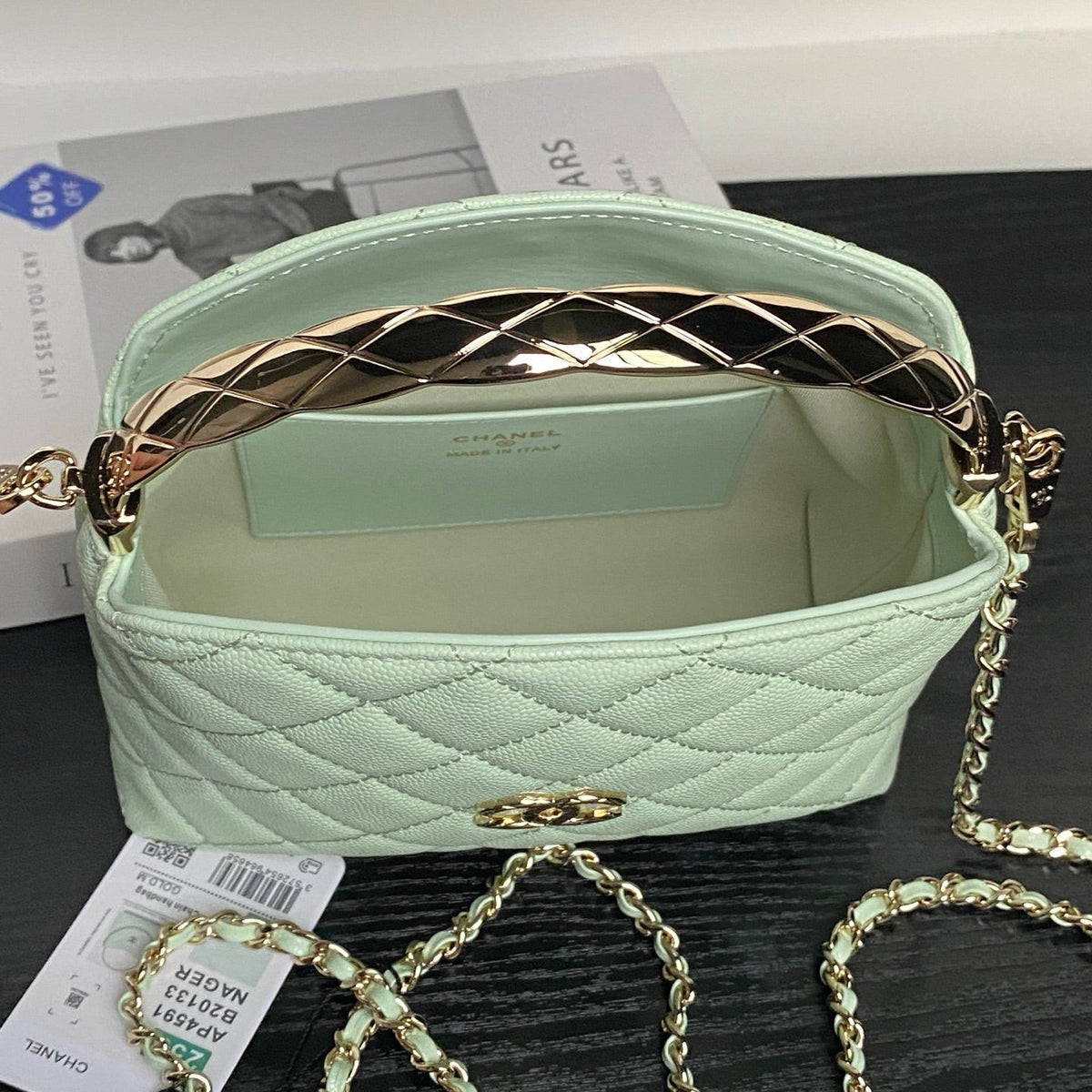 CC Coco Crush Handle Lunch Bag Light Green Caviar Leather