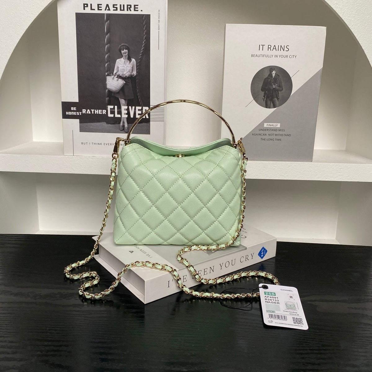 CC Coco Crush Handle Lunch Bag Light Green Caviar Leather