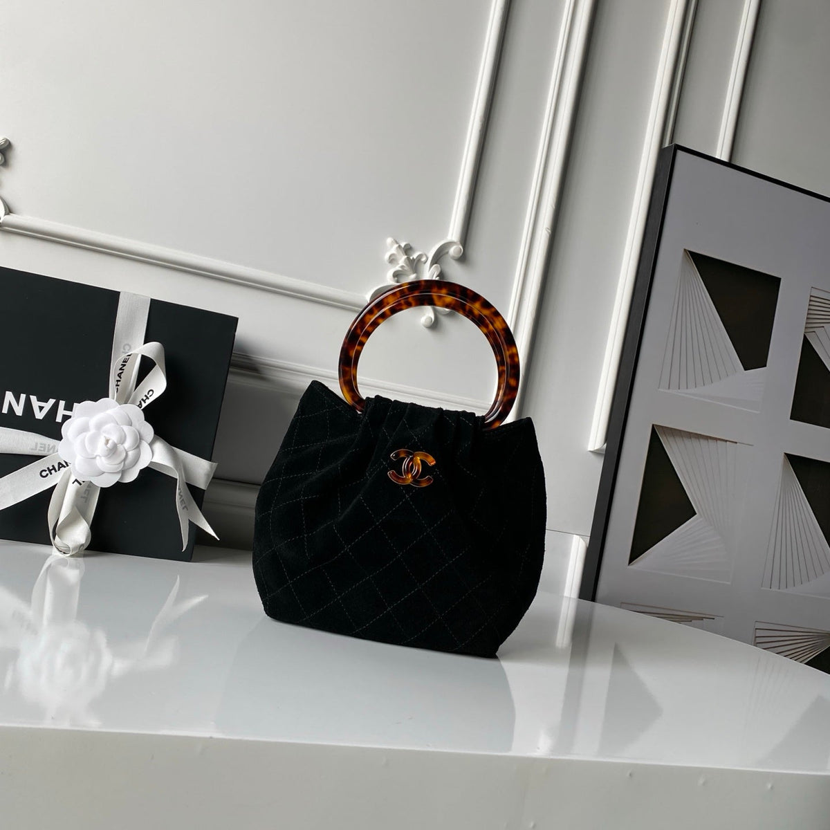 CC 26 Pouch Large Black Tortoiseshell Suede 286192