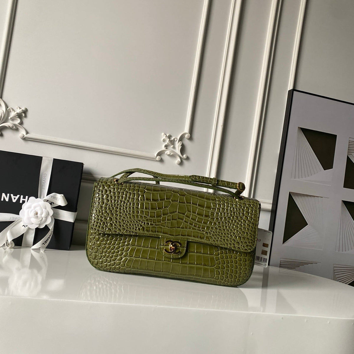 CC Croc Embossed Flap Bag 32cm Olive Imported Leather