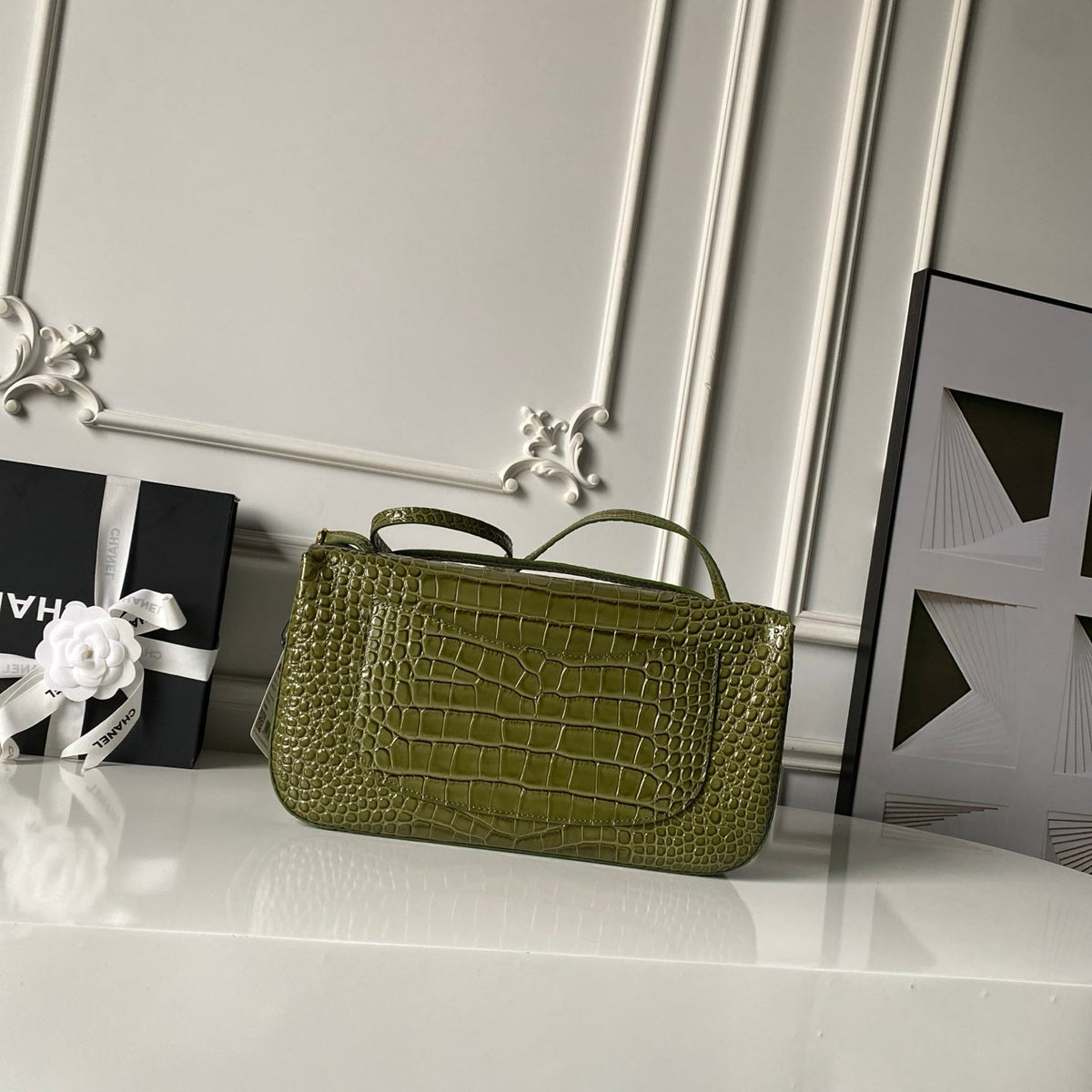 CC Croc Embossed Flap Bag 32cm Olive Imported Leather