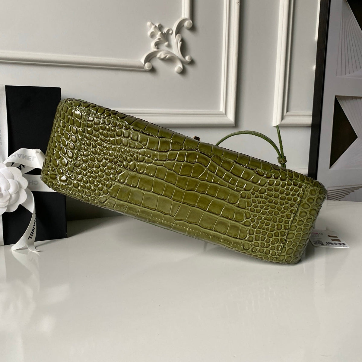 CC Croc Embossed Flap Bag 32cm Olive Imported Leather