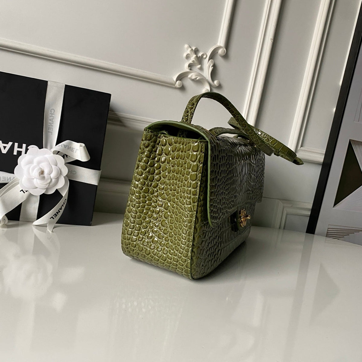 CC Croc Embossed Flap Bag 32cm Olive Imported Leather