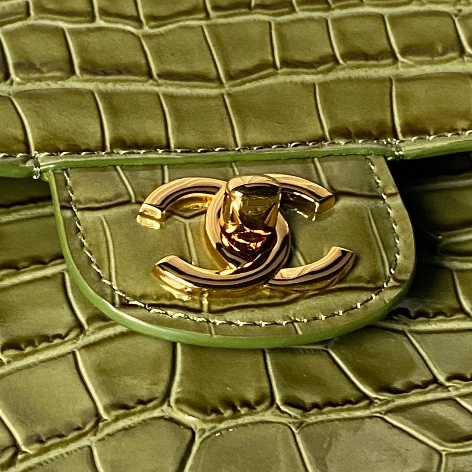 CC Croc Embossed Flap Bag 32cm Olive Imported Leather