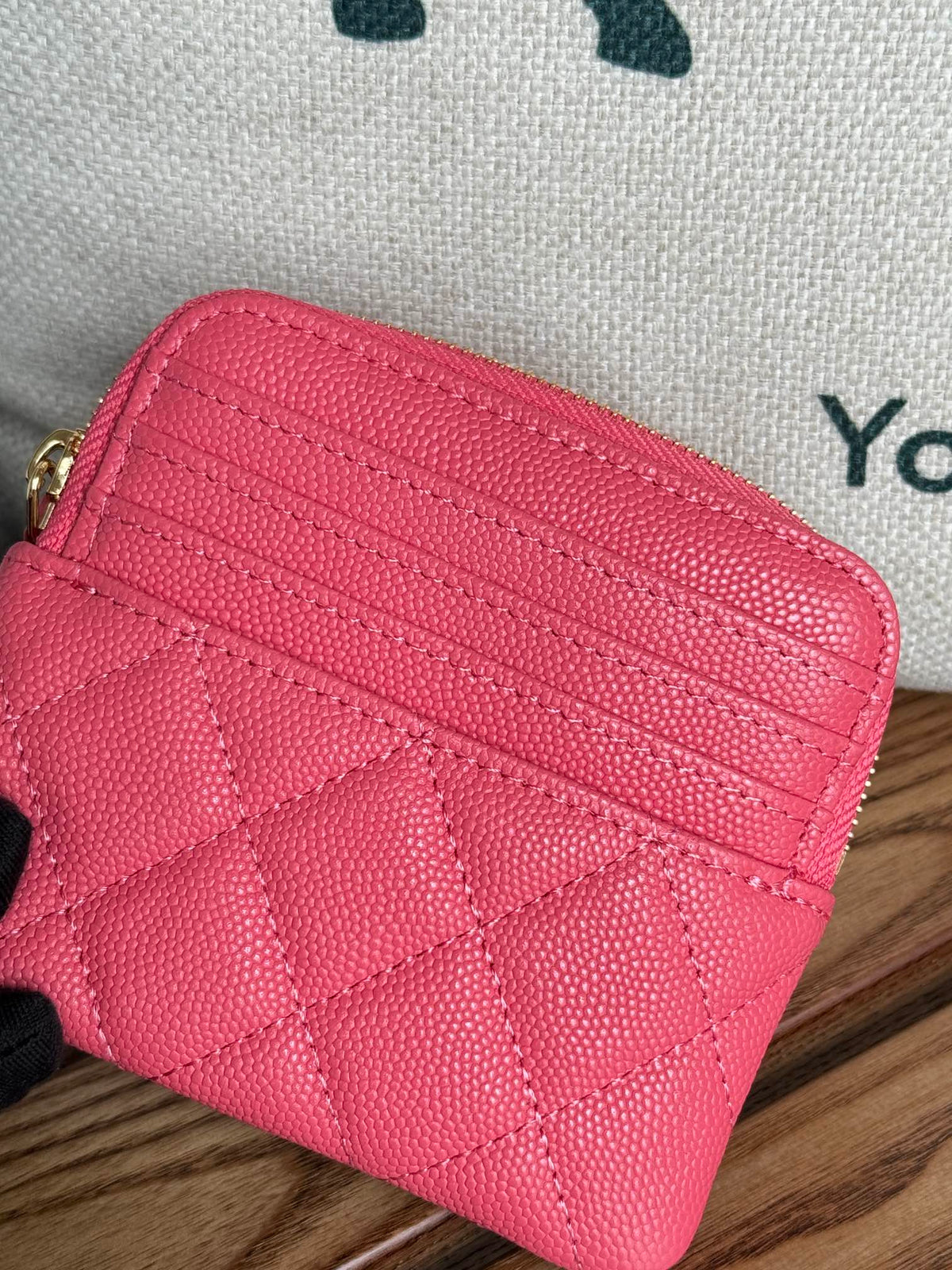 CC Zip Card Holder Wallet Pink Gold Metal Caviar 240613
