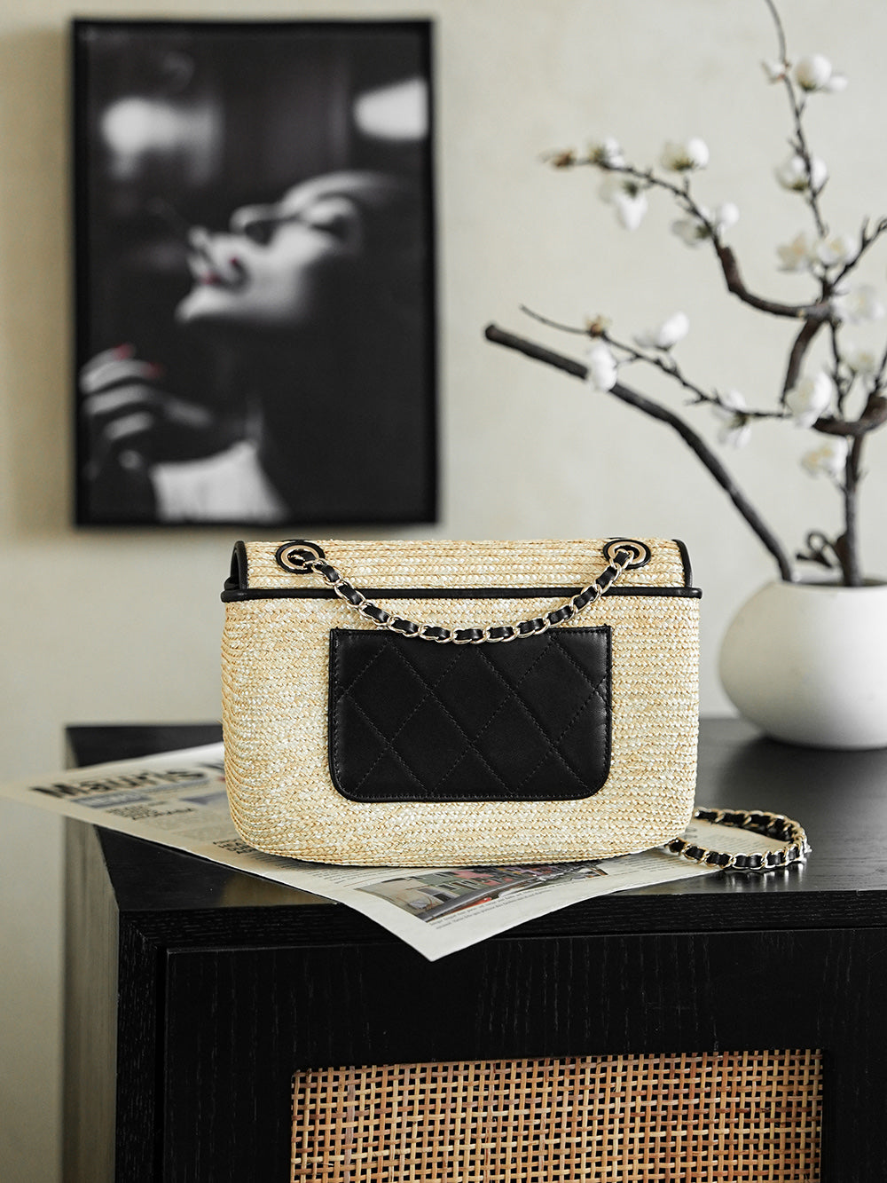 CC 25/26 Smal Flap Bag 23cm Beige Black Straw Lambskin