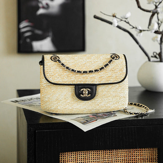 CC 25/26 Smal Flap Bag 23cm Beige Black Straw Lambskin