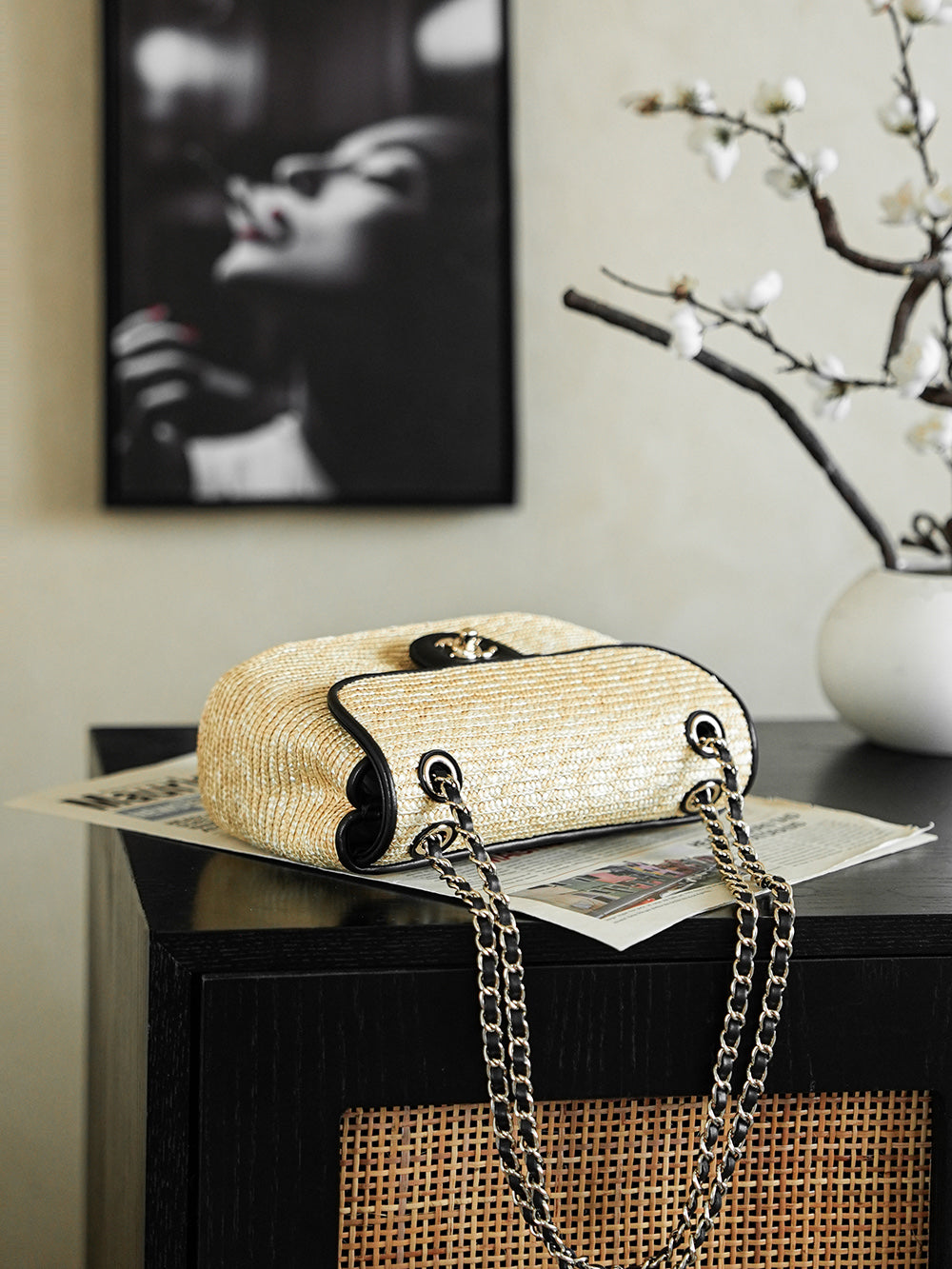 CC 25/26 Smal Flap Bag 23cm Beige Black Straw Lambskin