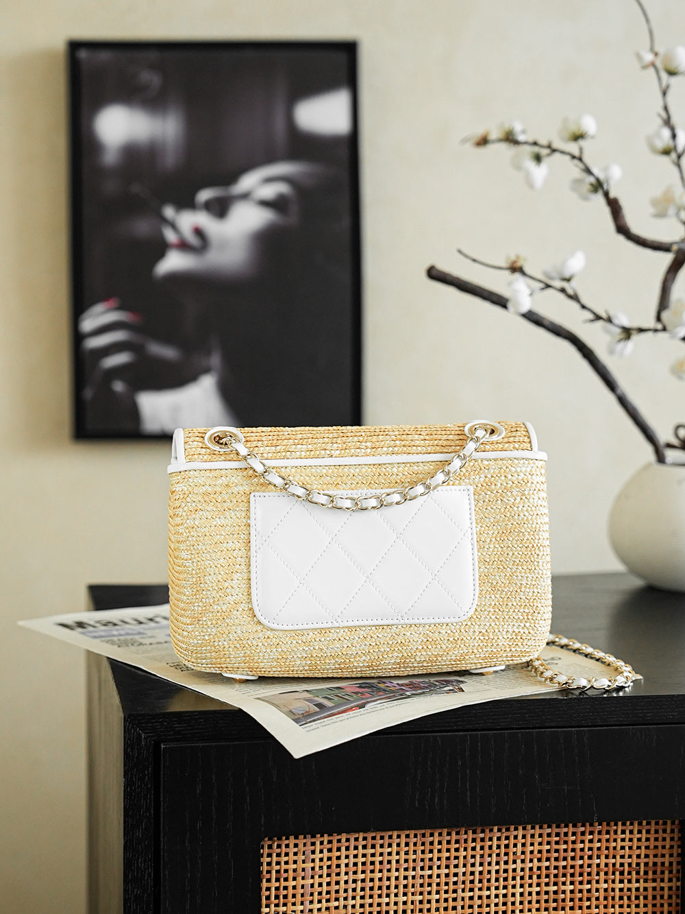 CC 25/26 Smal Flap Bag 23cm Beige White Straw Lambskin