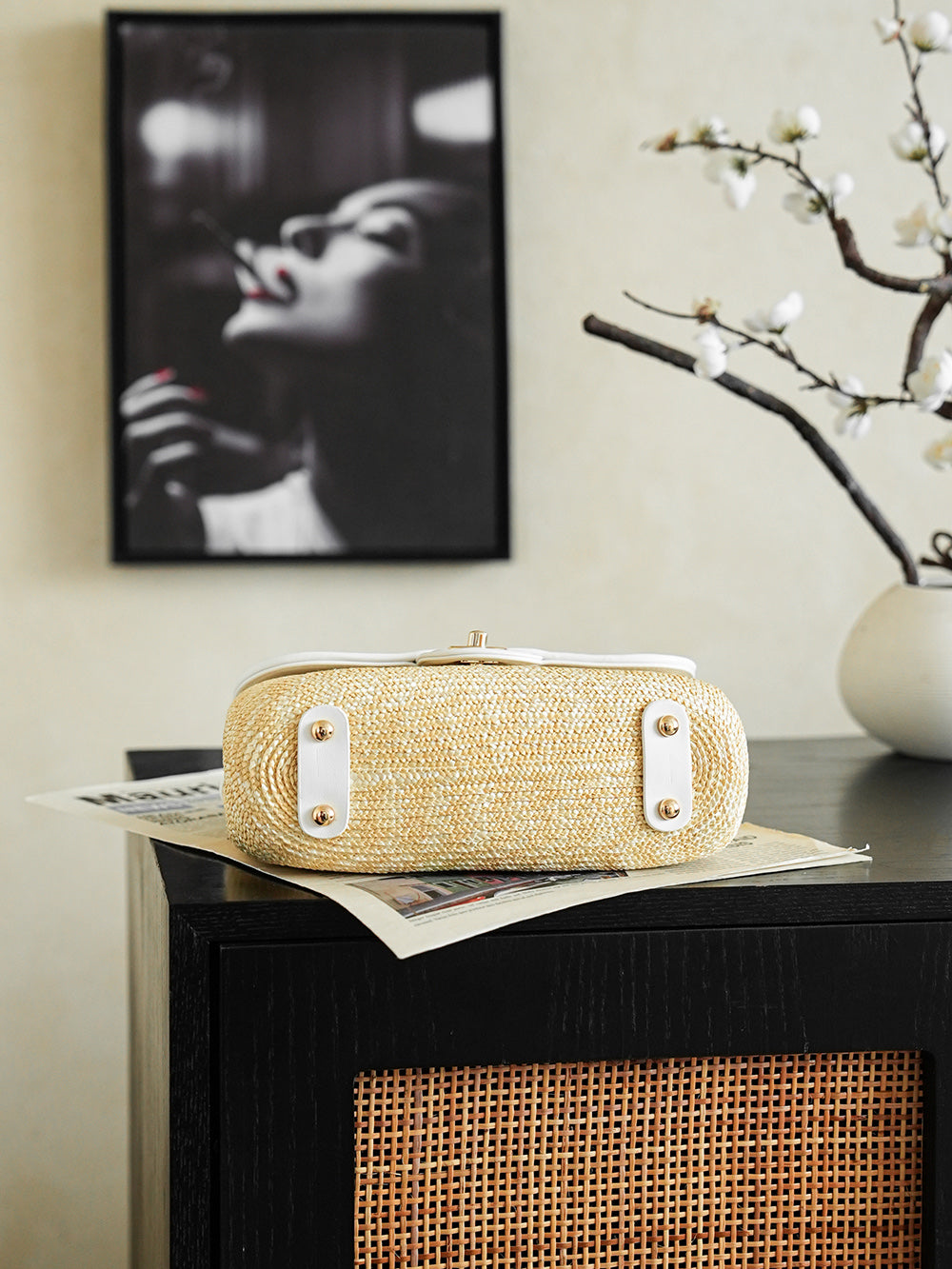 CC 25/26 Smal Flap Bag 23cm Beige White Straw Lambskin