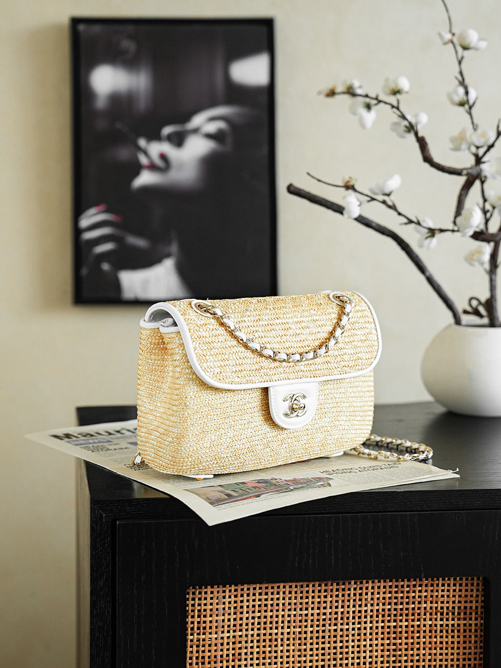 CC 25/26 Smal Flap Bag 23cm Beige White Straw Lambskin