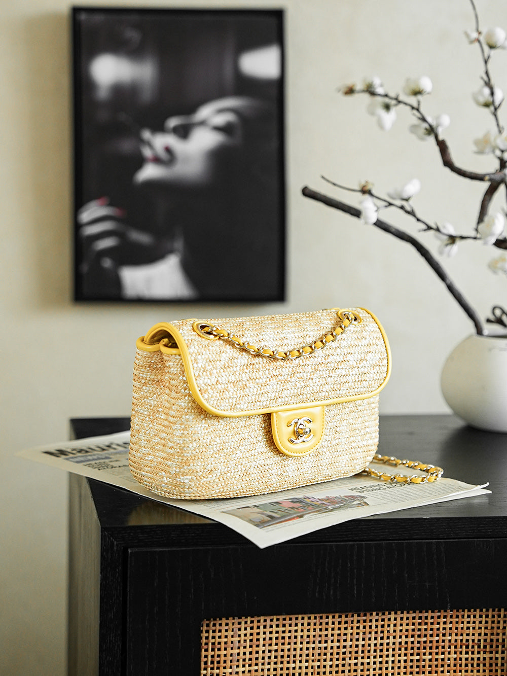 CC 25/26 Smal Flap Bag 23cm Beige Yellow Straw Lambskin