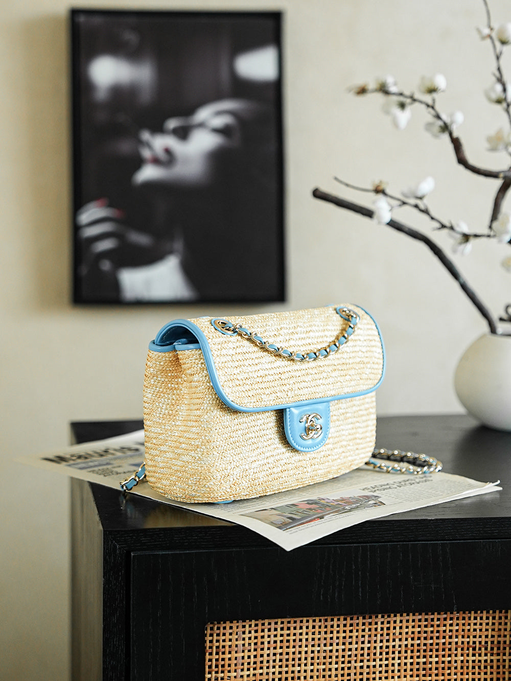 CC 25/26 Smal Flap Bag 23cm Beige Blue Straw Lambskin
