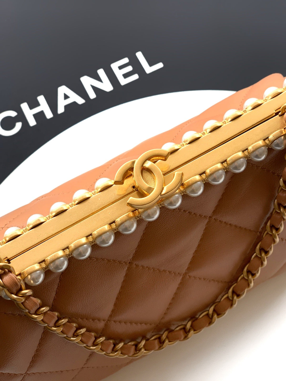 Chanel 2026 Pearl Clutch Brown Gold Lambskin 321879