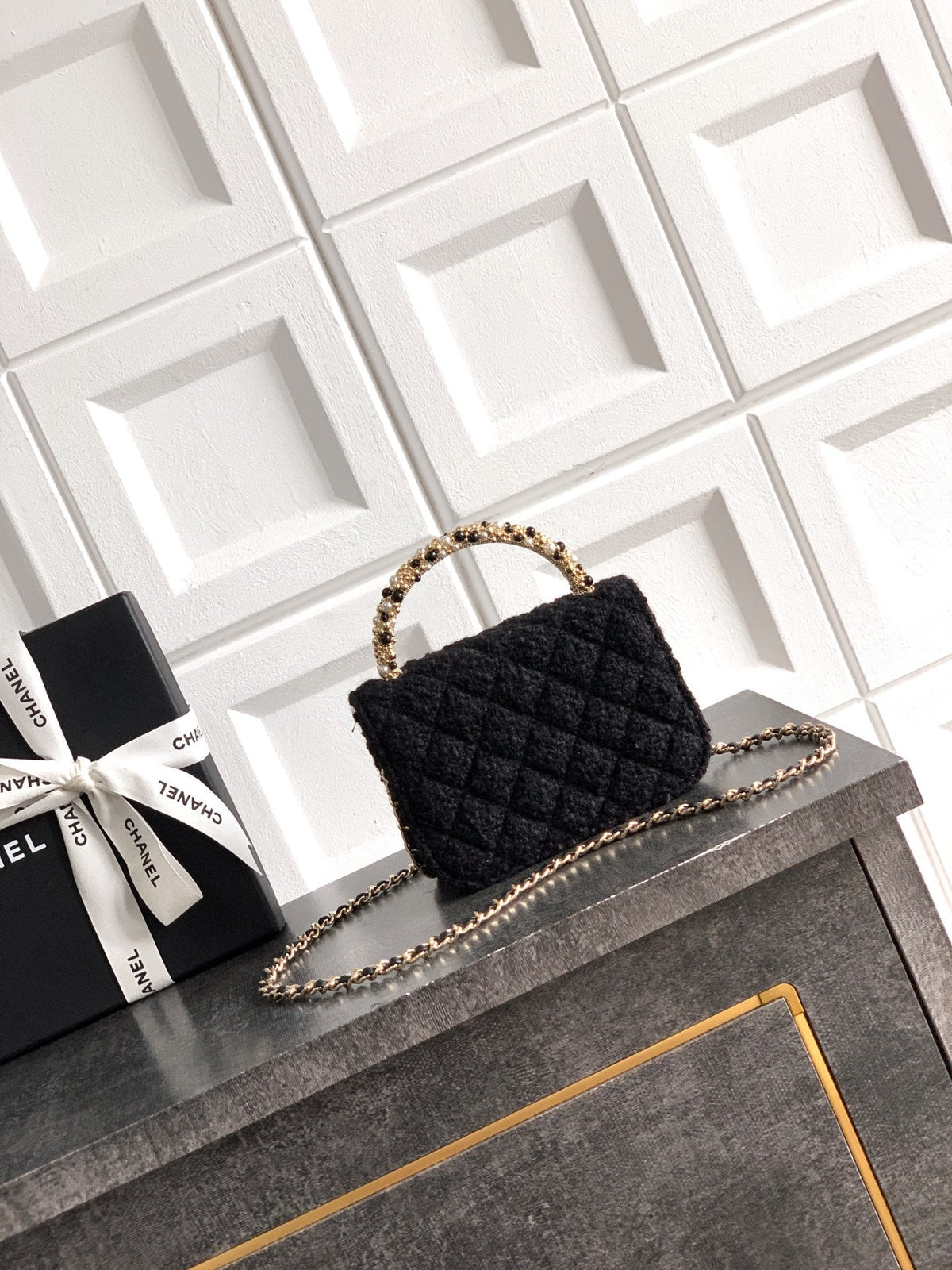 CC Mini Flap Bag 15 With Handle Black Tweed