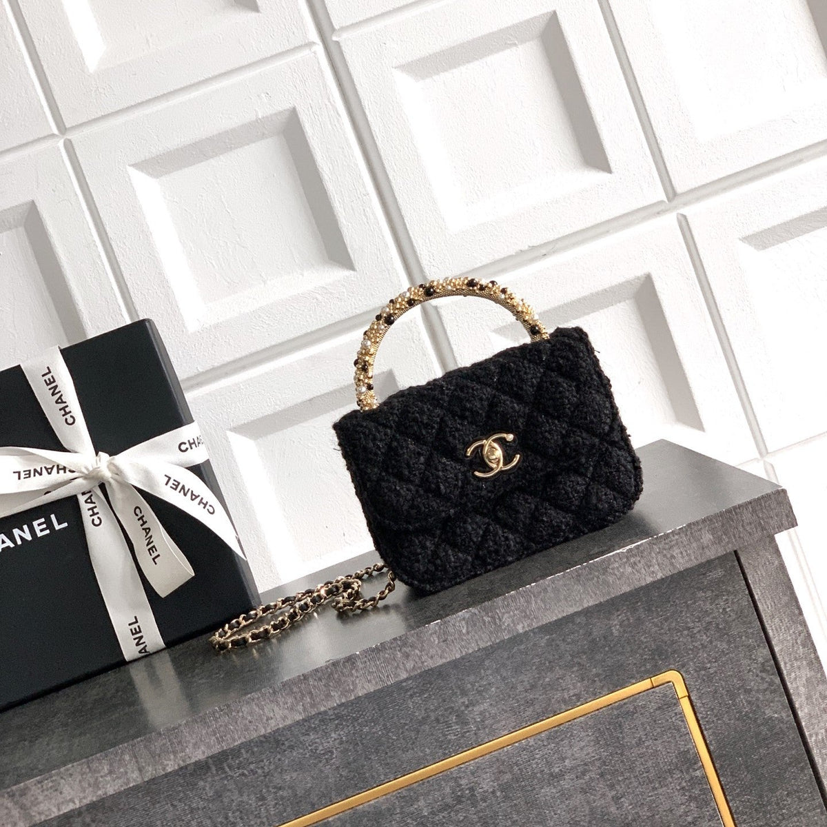 CC Mini Flap Bag 15 With Handle Black Tweed