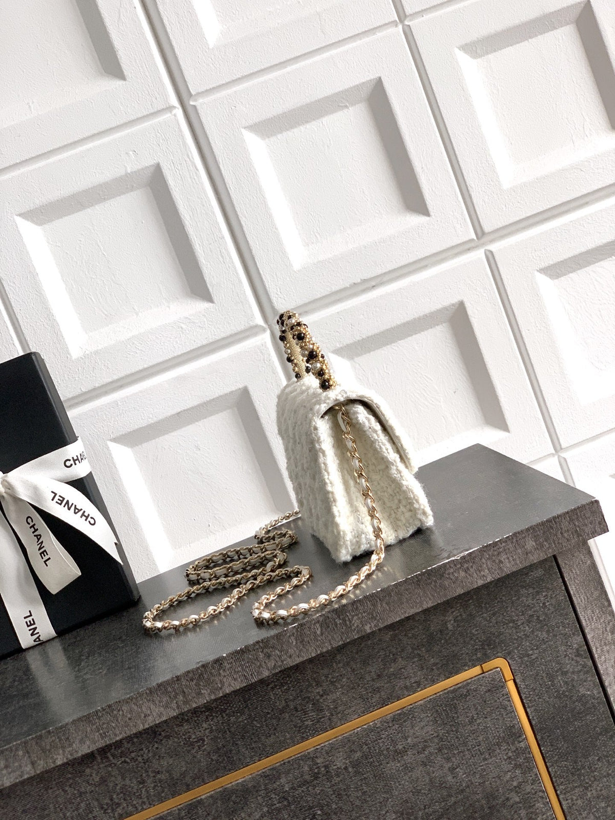 CC Mini Flap Bag 15 With Handle White Tweed