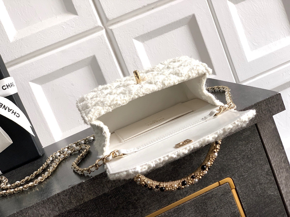 CC Mini Flap Bag 15 With Handle White Tweed