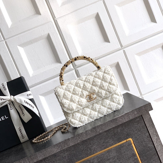 CC Mini Flap Bag 17.5 With Handle White Tweed