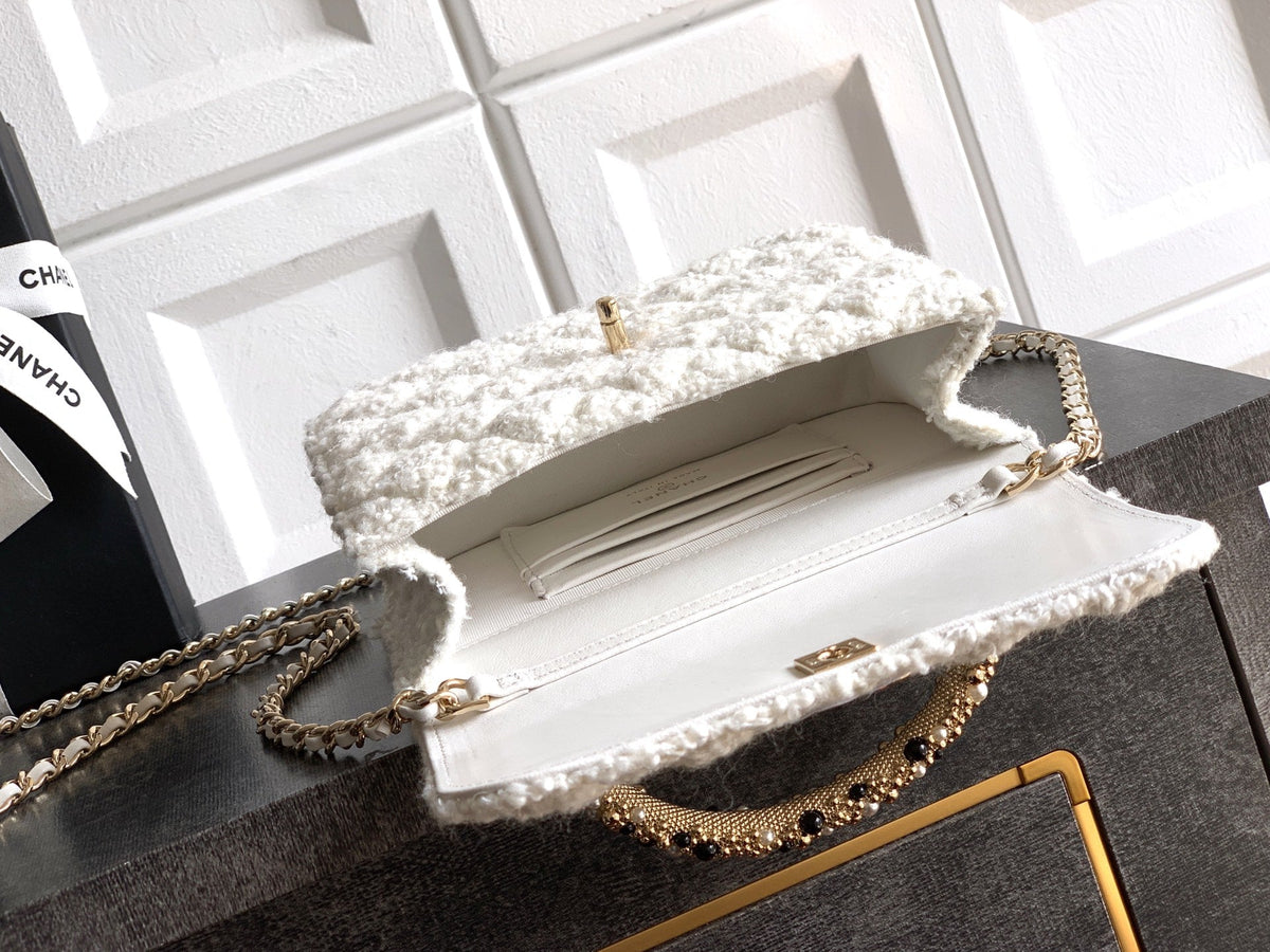 CC Mini Flap Bag 17.5 With Handle White Tweed