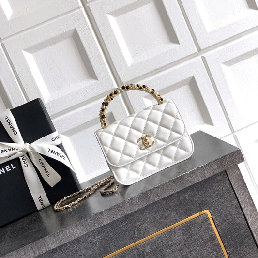 CC Mini Flap Bag 15 With Handle White Lambskin