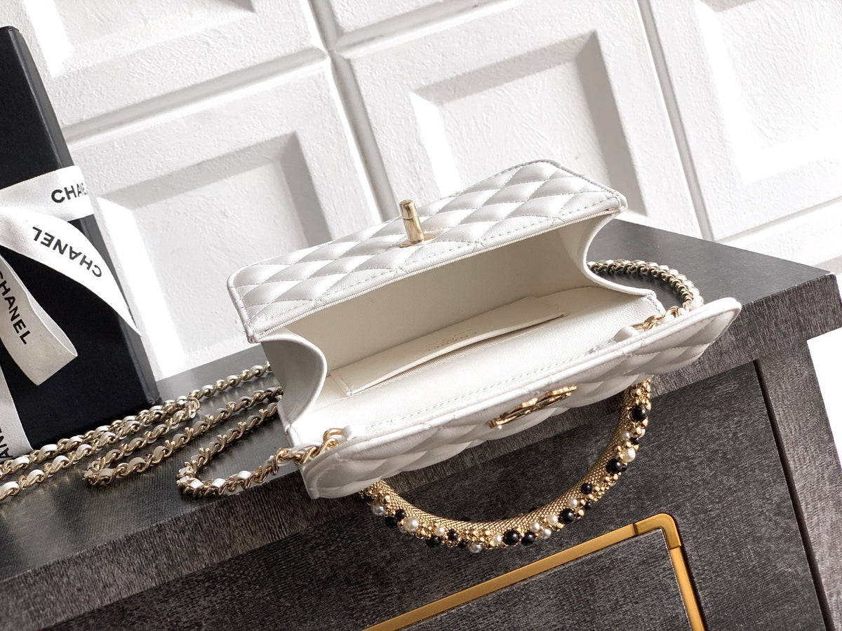 CC Mini Flap Bag 15 With Handle White Lambskin