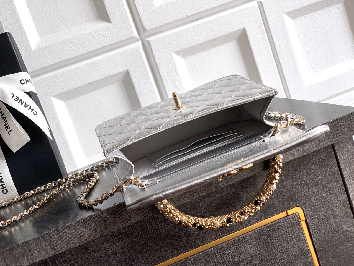 CC Mini Flap Bag 17.5 With Handle Sliver Metalic Lambskin