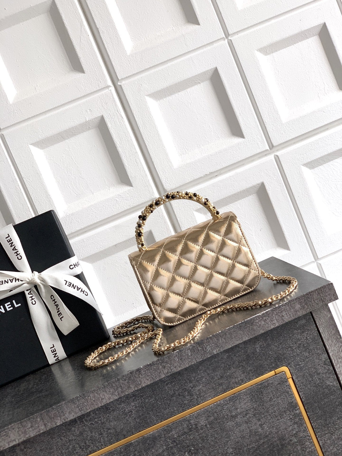 CC Mini Flap Bag 15 With Handle Gold Metalic Lambskin
