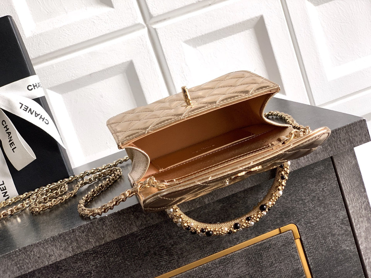 CC Mini Flap Bag 15 With Handle Gold Metalic Lambskin