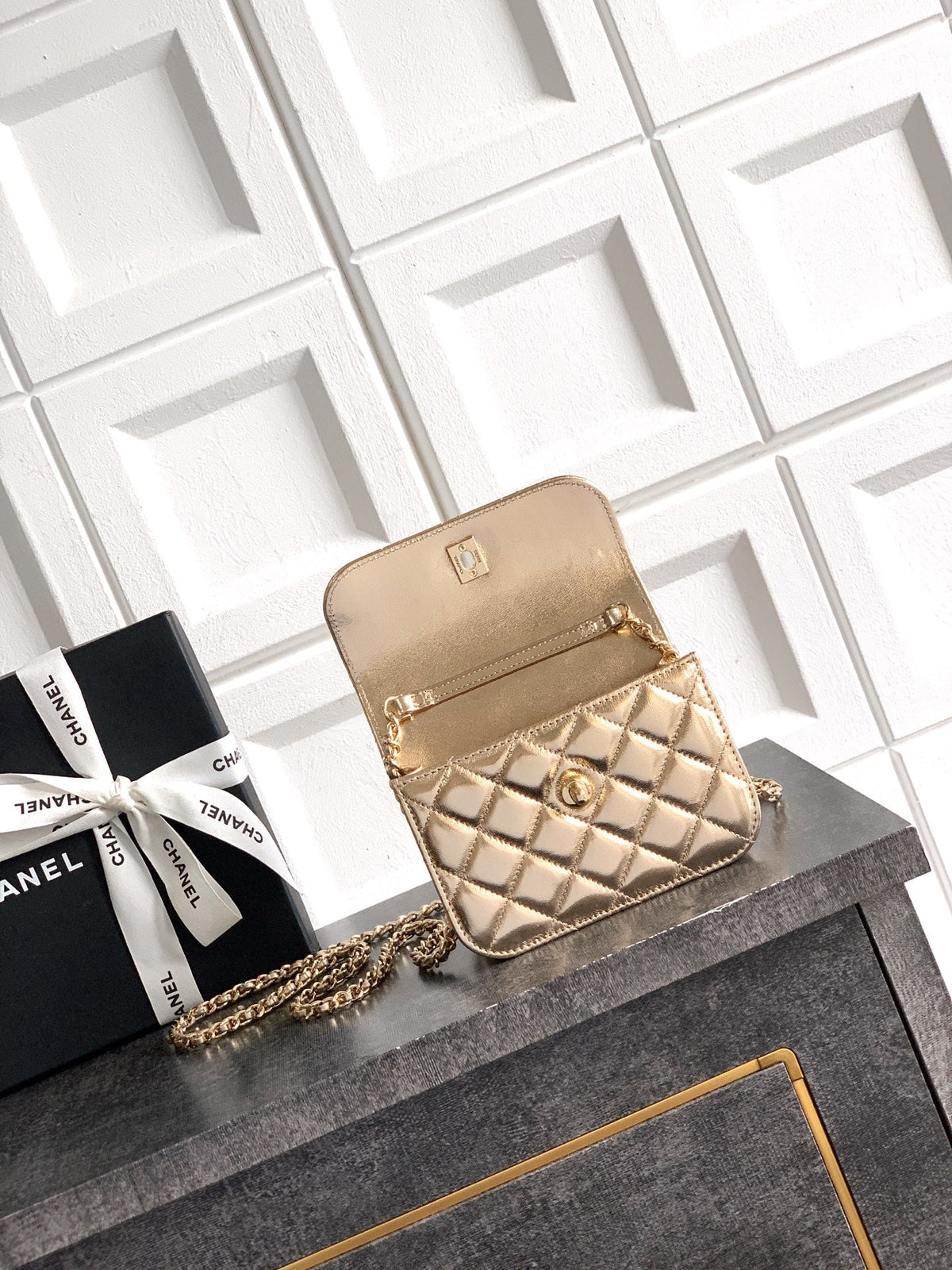 CC Mini Flap Bag 15 With Handle Gold Metalic Lambskin