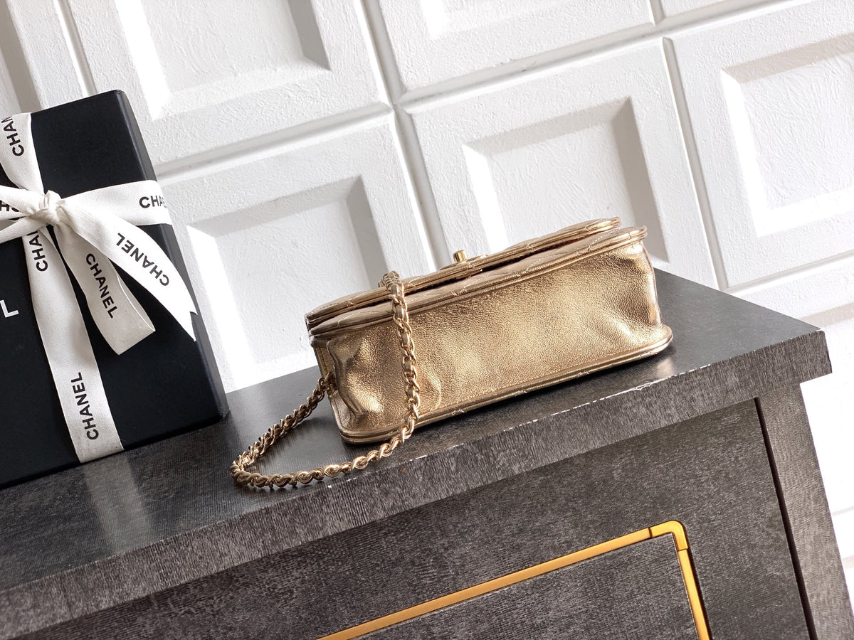 CC Mini Flap Bag 17.5 With Handle Gold Metalic Lambskin
