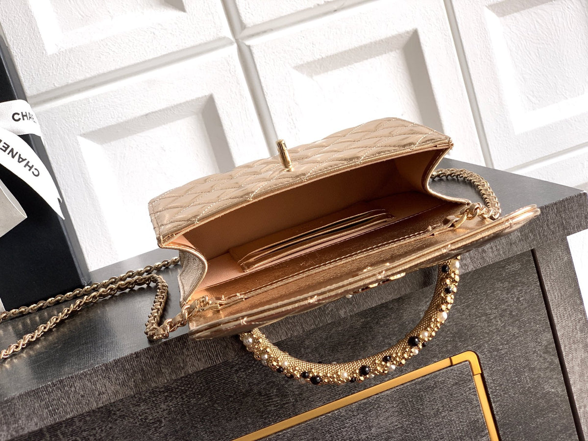 CC Mini Flap Bag 17.5 With Handle Gold Metalic Lambskin