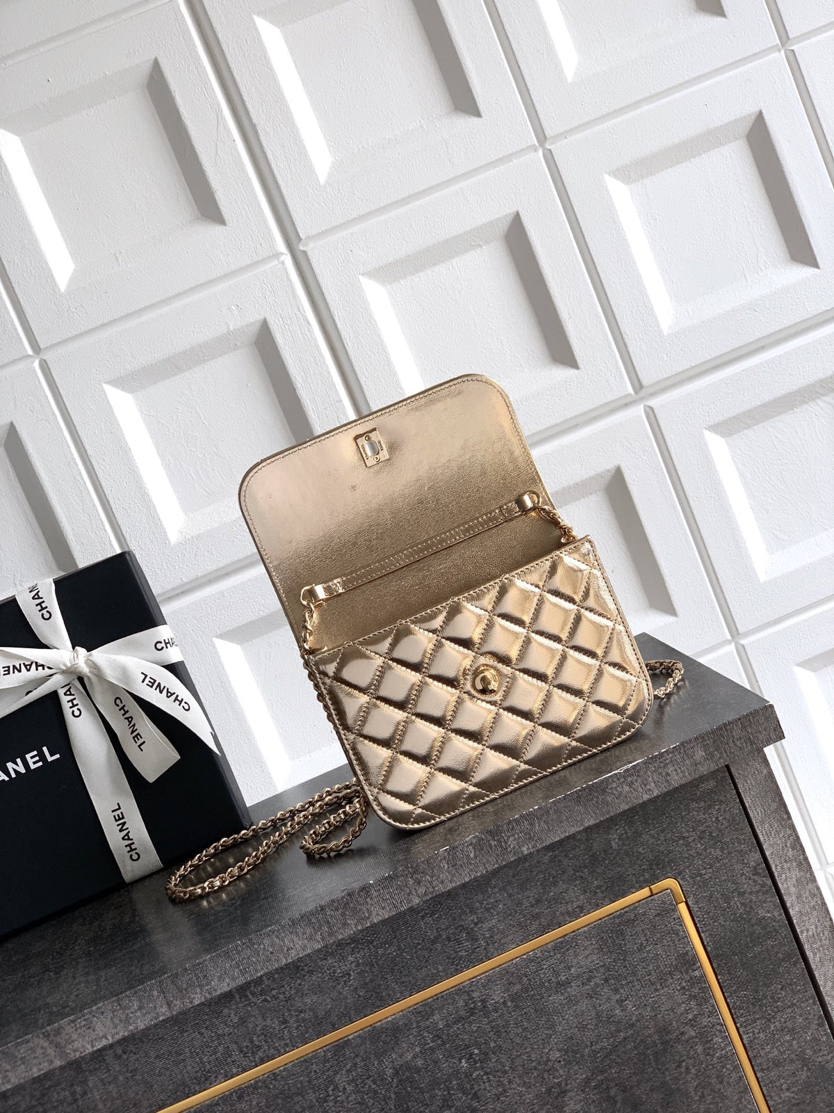 CC Mini Flap Bag 17.5 With Handle Gold Metalic Lambskin