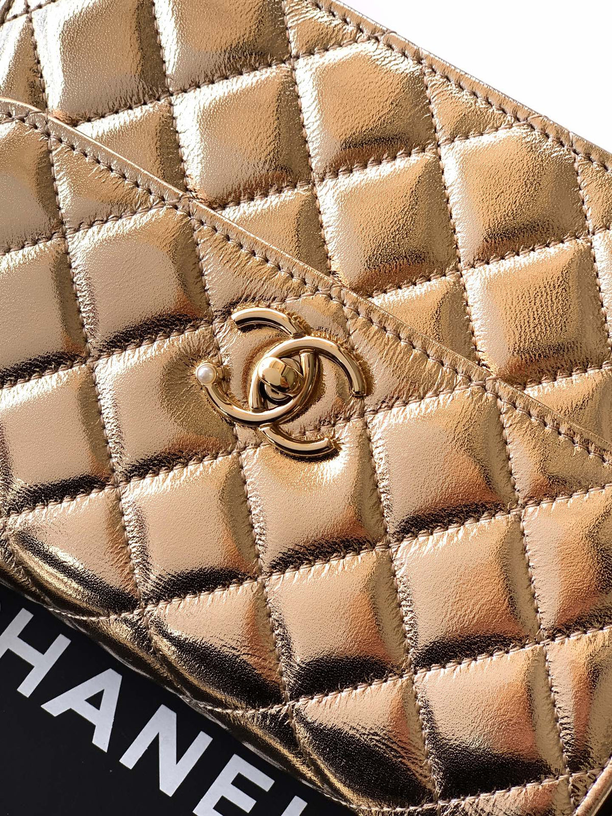 CC Mini Flap Bag 17.5 With Handle Gold Metalic Lambskin