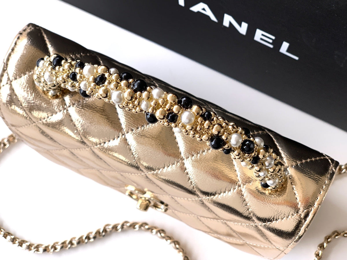 CC Mini Flap Bag 17.5 With Handle Gold Metalic Lambskin
