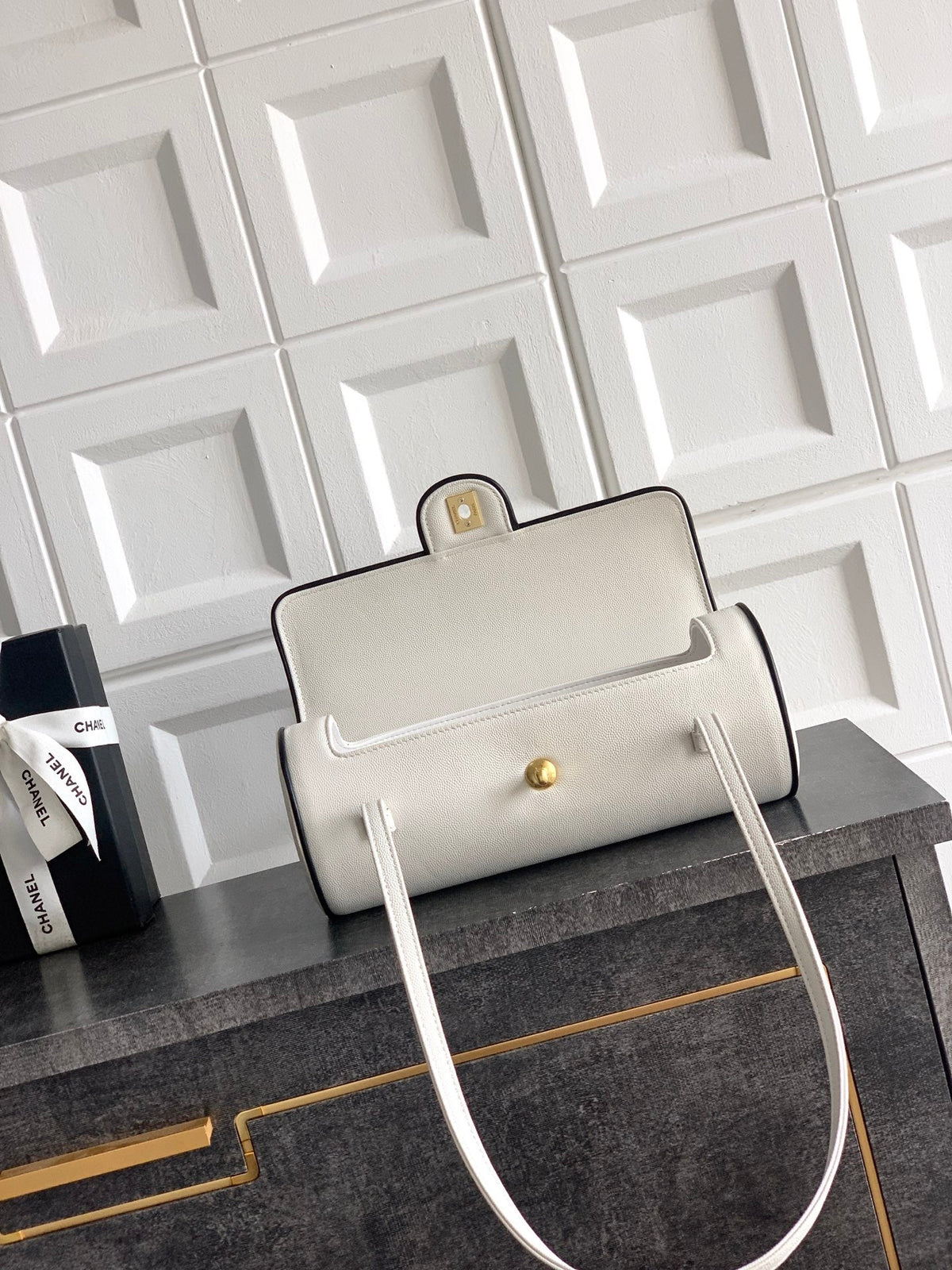 CC Preppy Coco Bowling Bag 30cm White Caviar Leather