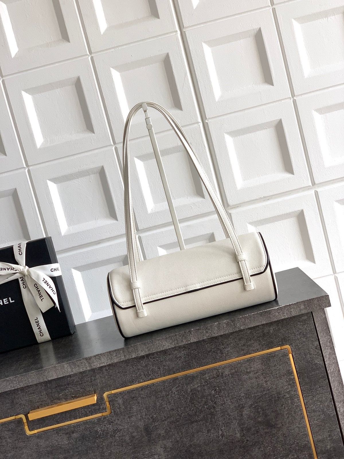 CC Preppy Coco Bowling Bag 30cm White Caviar Leather