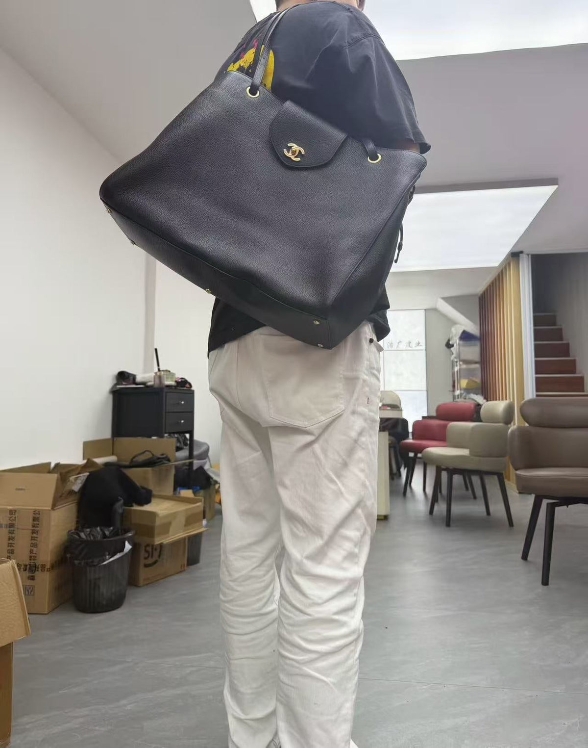 CC Large Shopping Bag 46cm Black Grained Calfskin