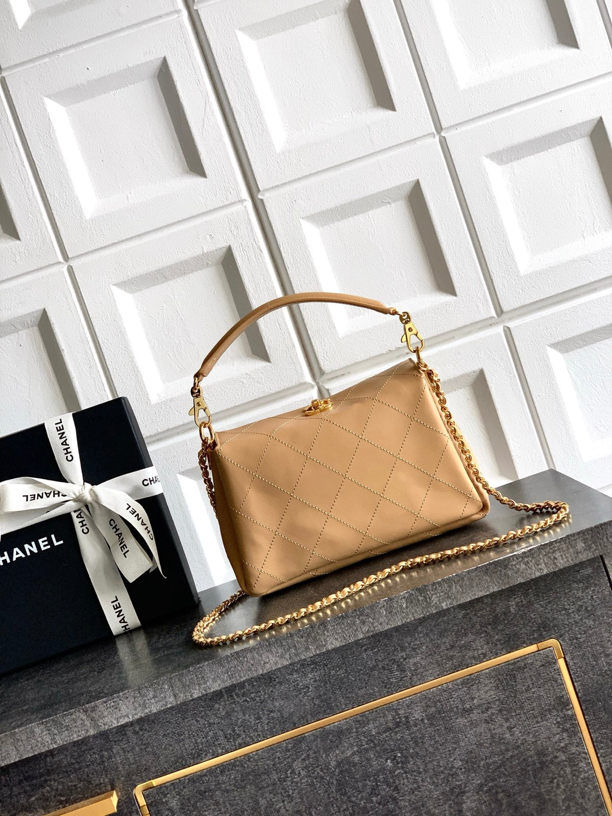 CC 26s Boho Mini Top Closure Bag Beige Lambskin
