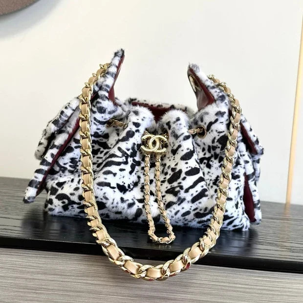 Chanel 2026 Leopard Print Hobo Bag 22cm White Black Ponyhair Leather