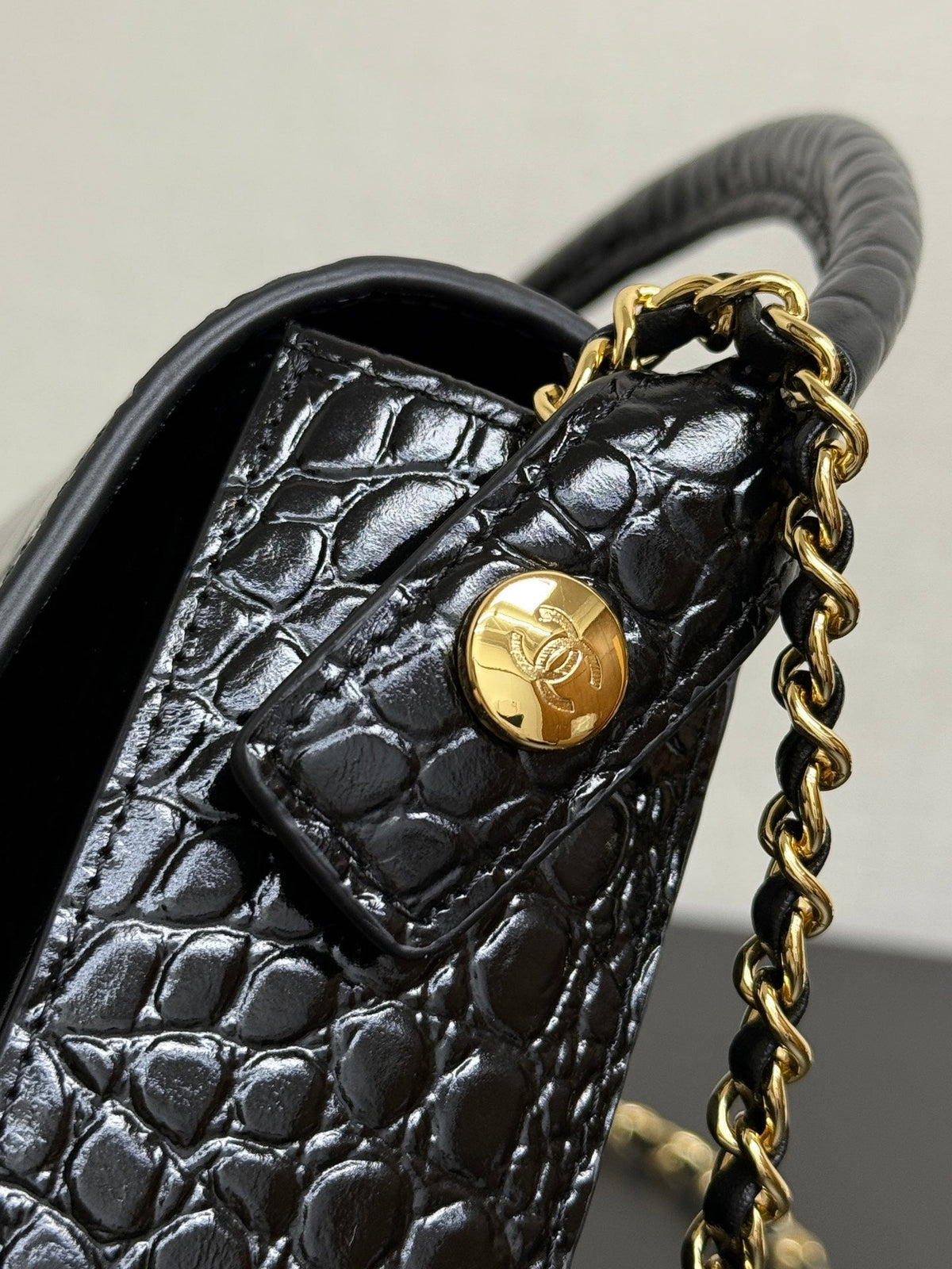 CC Mini Flap Bag with Top Handle Black Crocodile Embossed Calfskin