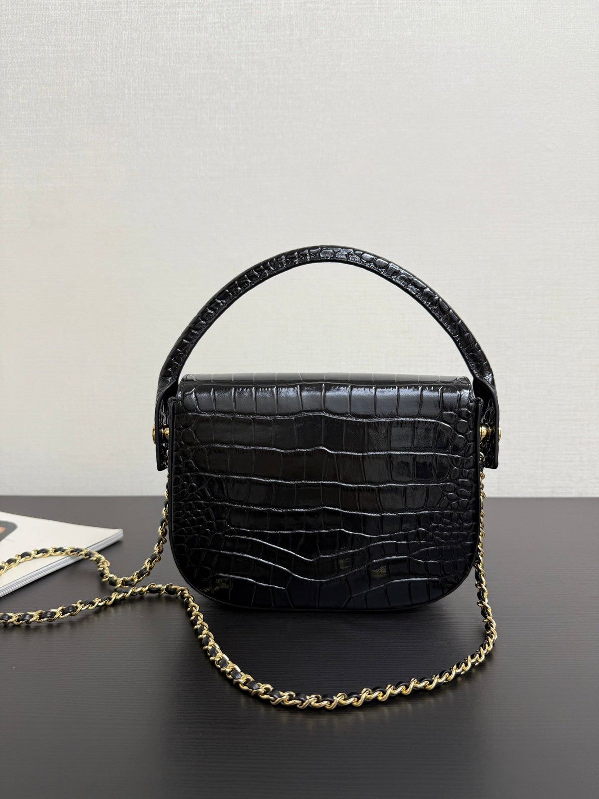 CC Mini Flap Bag with Top Handle Black Crocodile Embossed Calfskin