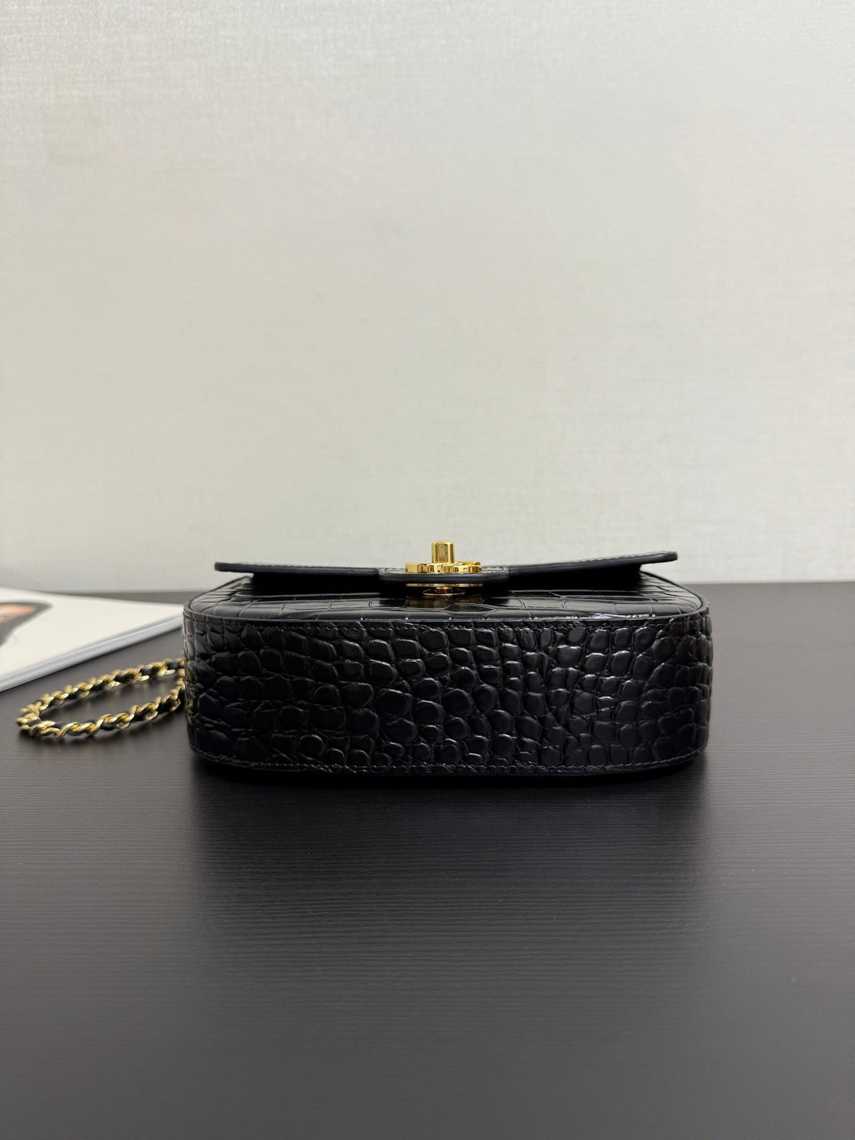 CC Mini Flap Bag with Top Handle Black Crocodile Embossed Calfskin