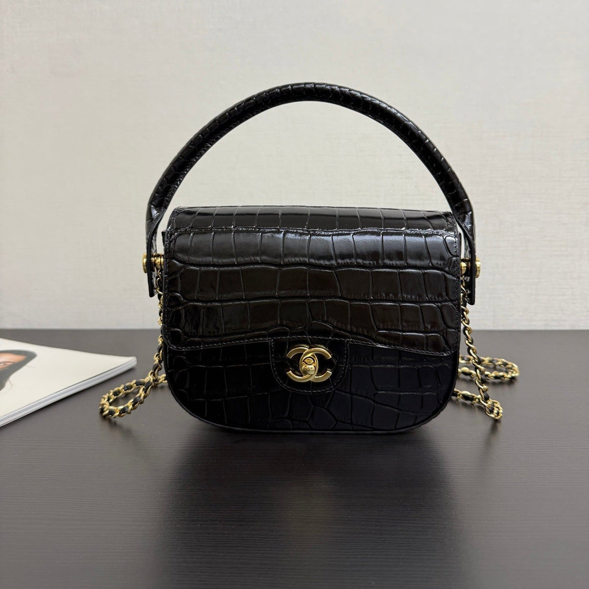 CC Mini Flap Bag with Top Handle Black Crocodile Embossed Calfskin
