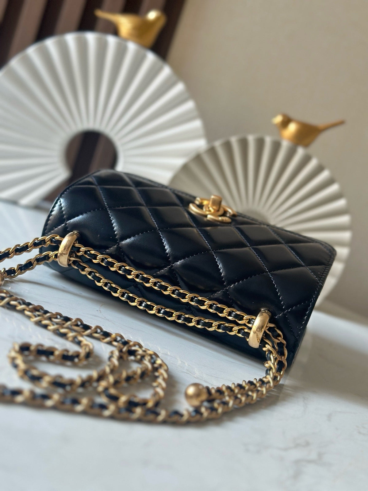 CC Wallet With Strap 19cm Black Quited Lambskin 286331