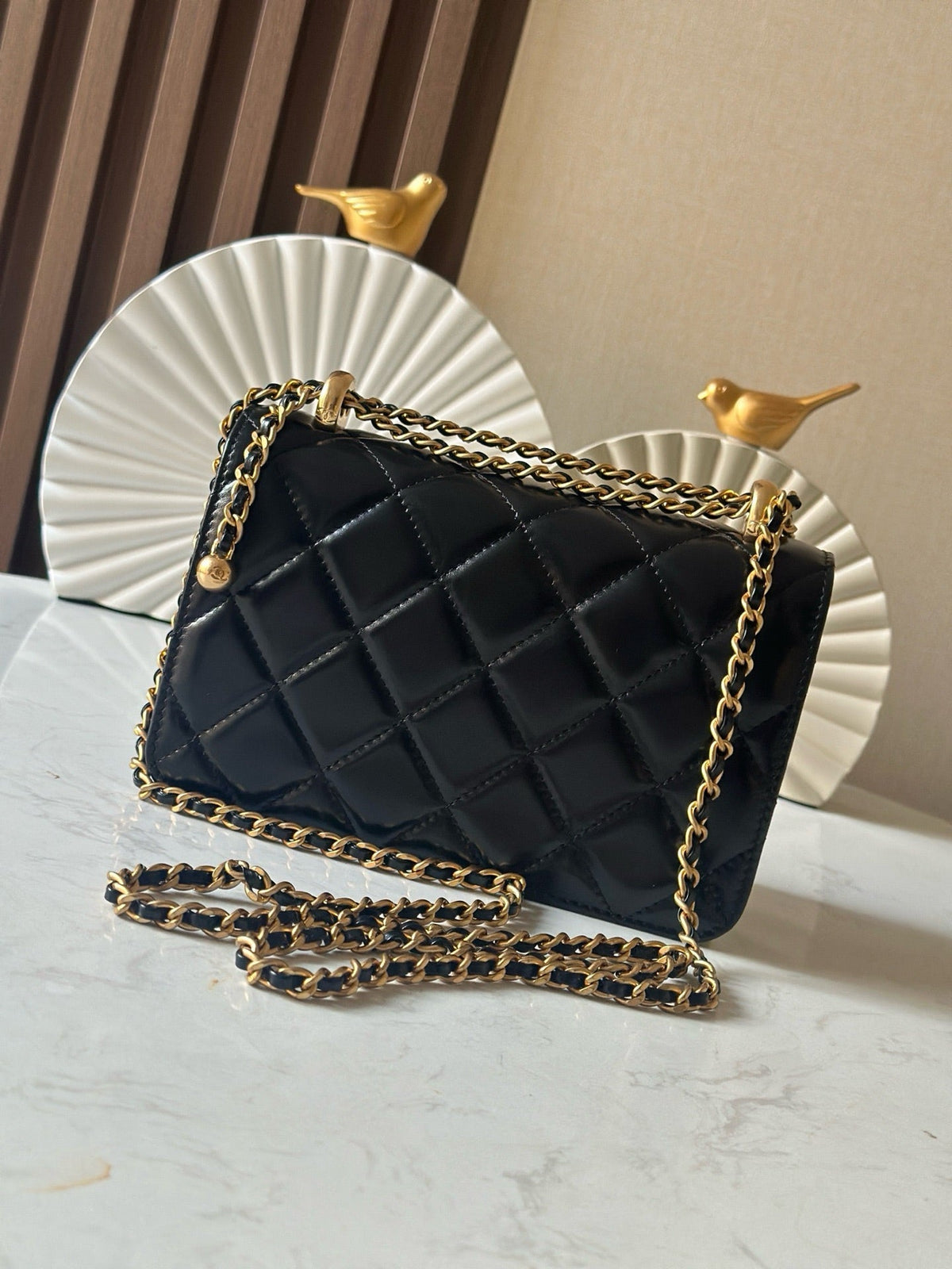 CC Wallet With Strap 19cm Black Quited Lambskin 286331