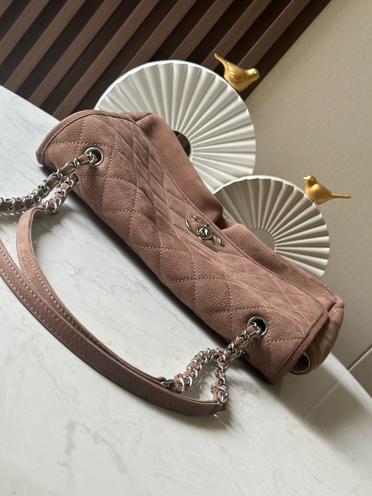 CC Double-Pocket Messenger Bag Brown Lambskin Quilted