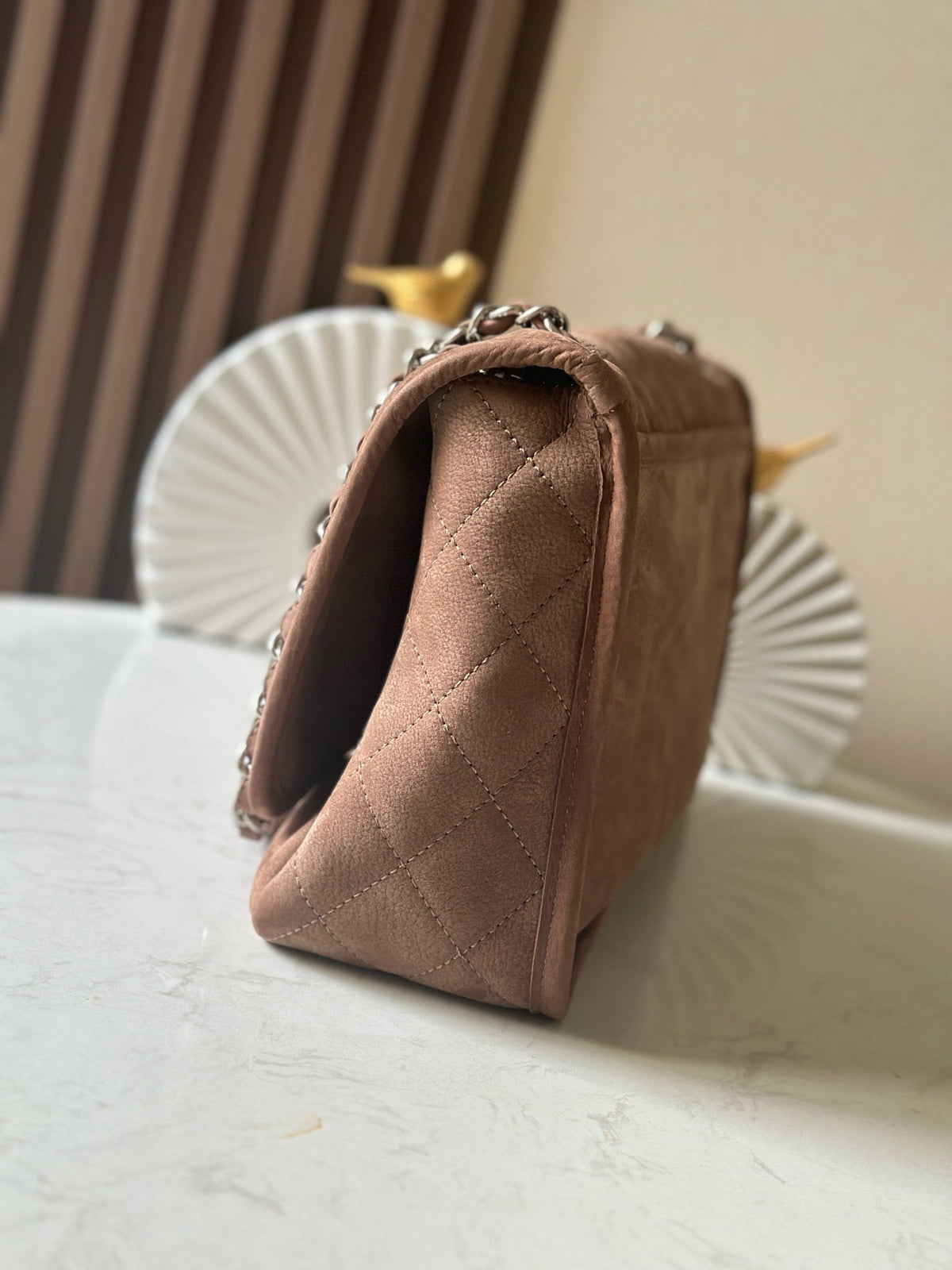 CC Double-Pocket Messenger Bag Brown Lambskin Quilted